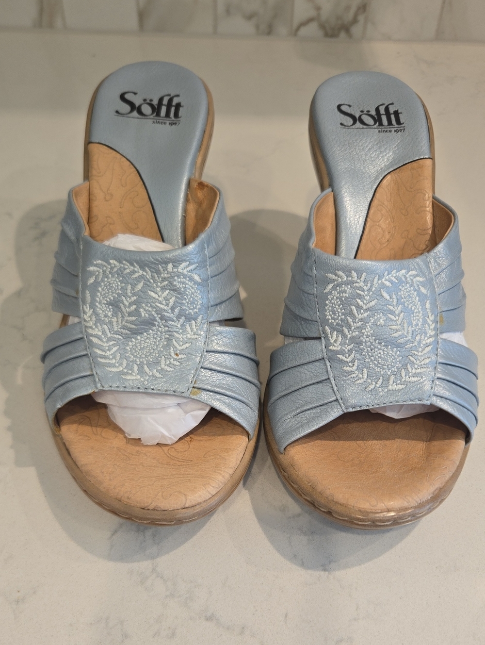 Söftt Silvery Turquouse Embroidered Slip-on Slide Sandals 8.5